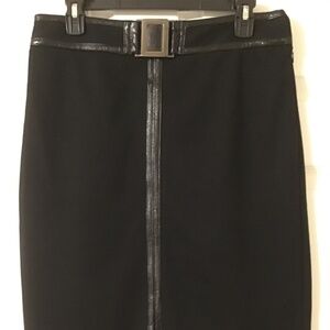 NWT Chelsea + Theodore BLACK Pencil Skirt Faux Leather Belt Front Slits Size 12